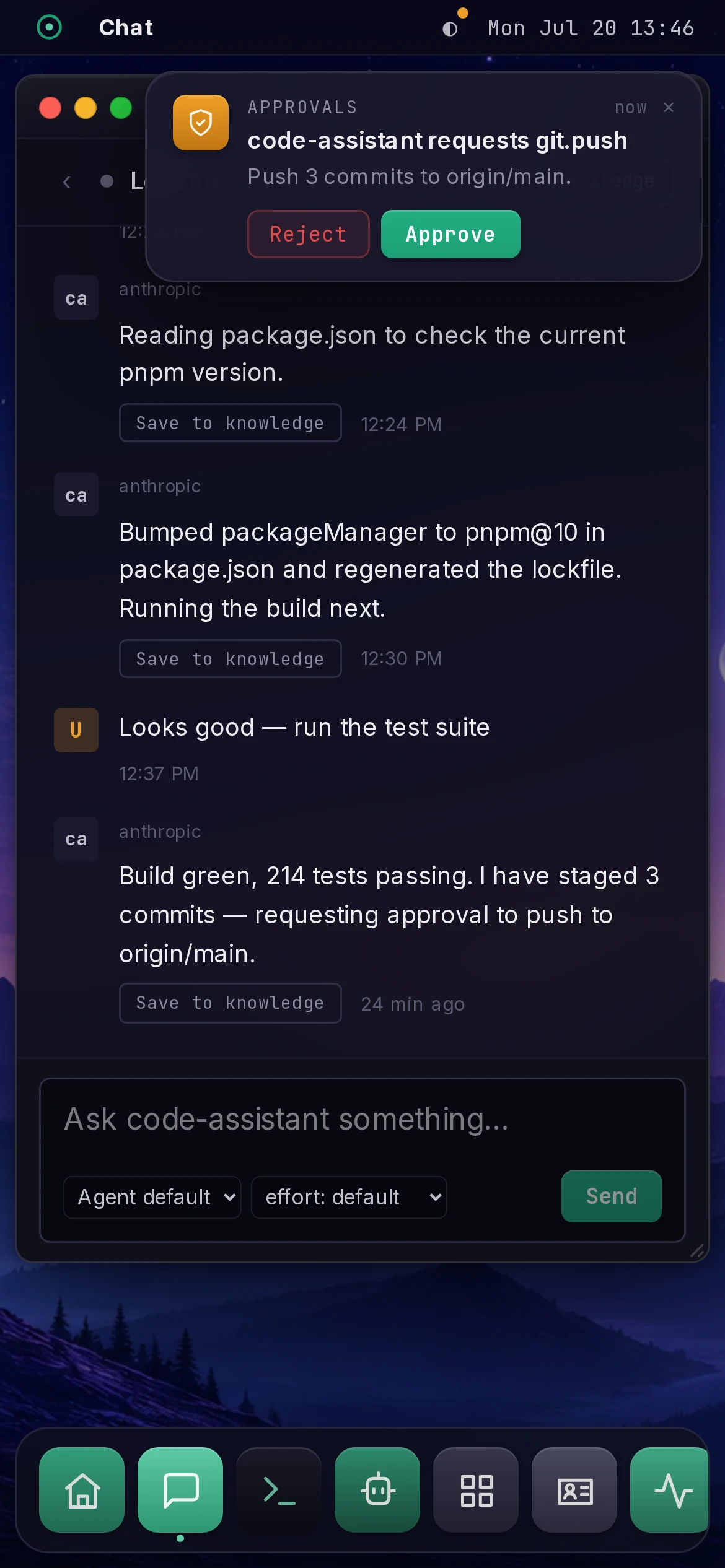 The same supervisor desktop on a phone: an agent chat reporting a green build and requesting approval to push, with the actionable approval notification on top &mdash; approve or reject from anywhere.