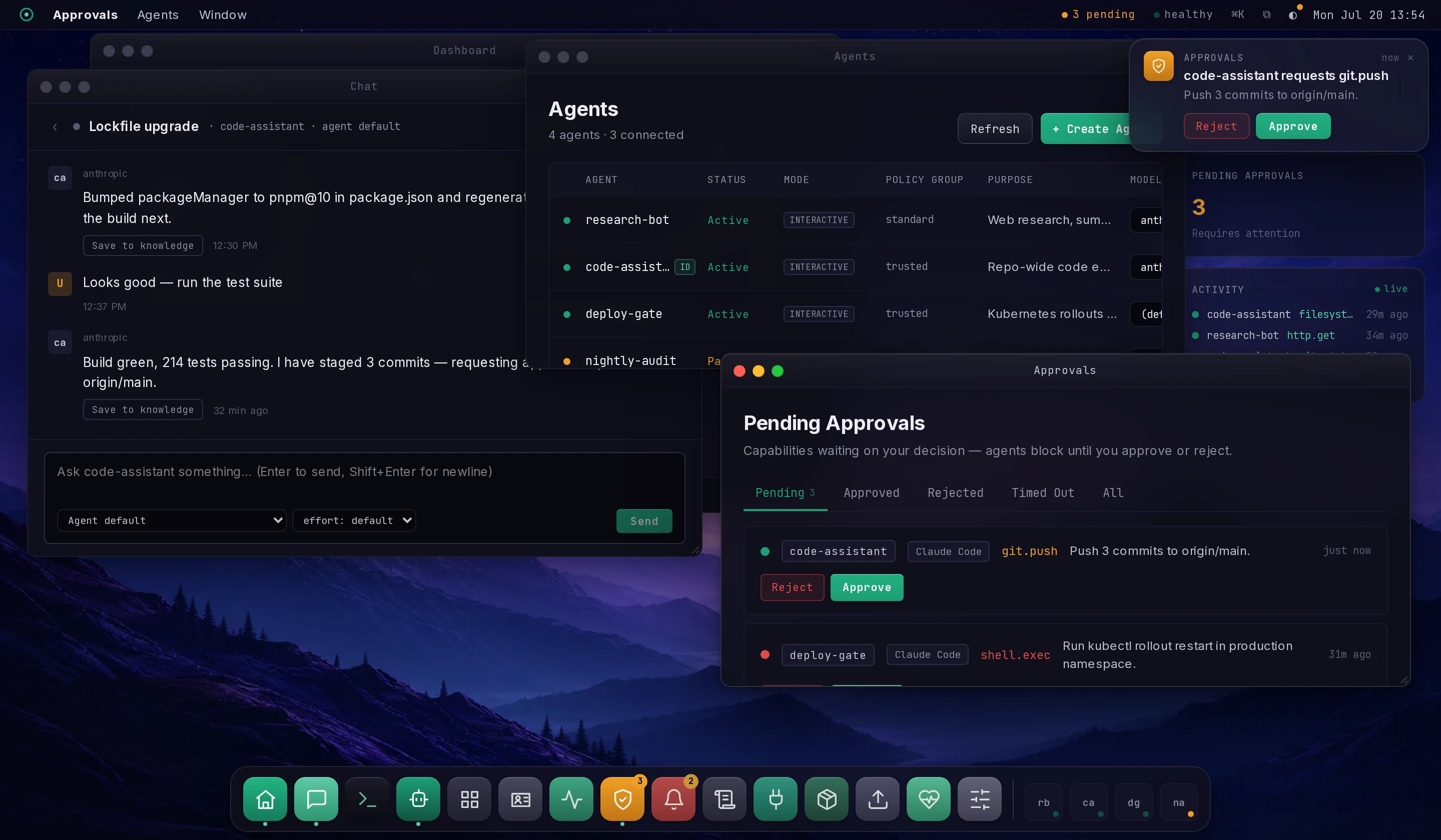 The KruxOS supervisor desktop: Chat, Agents, and Approvals windows arranged over a dark wallpaper, a dock of apps and running agents along the bottom, and an actionable notification in the top-right corner where an agent is requesting approval to push to origin/main.
